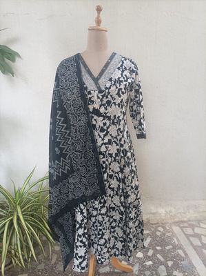 Black and white pure Cotton Anarkali set 