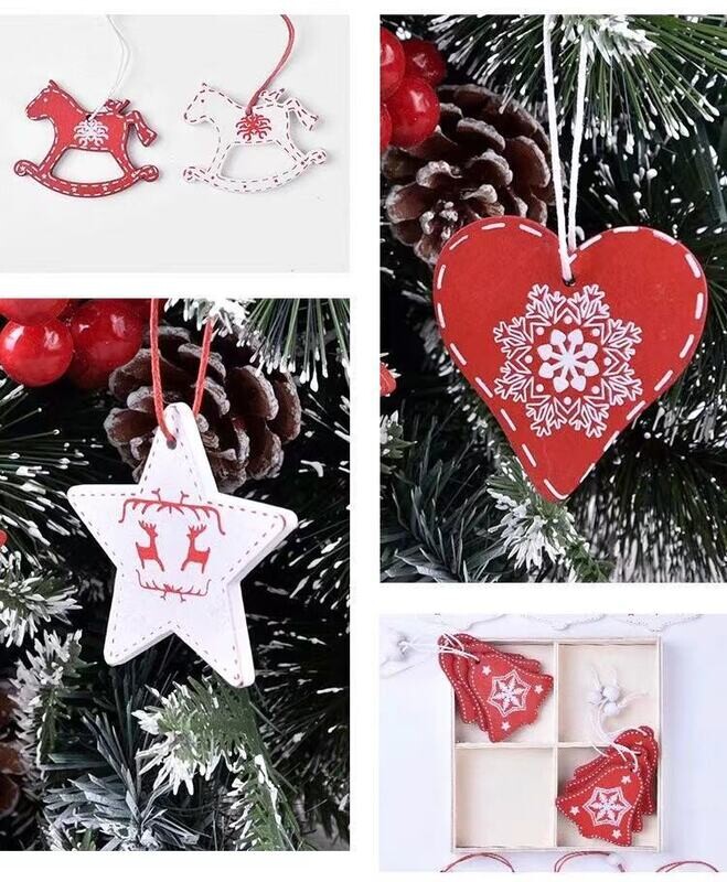 Red &amp; White Wooden Decorations - Rocking Horses, Angels, Trees, Stars, &amp; Hearts - 12 Boxed Styles To Choose