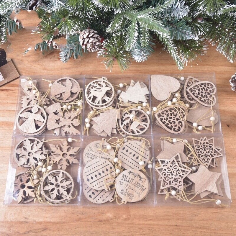 Xmas Tree Wooden Hanging Decorations - 12pc Sets - 6 Styles To Choose From - Natural Wooden Colours