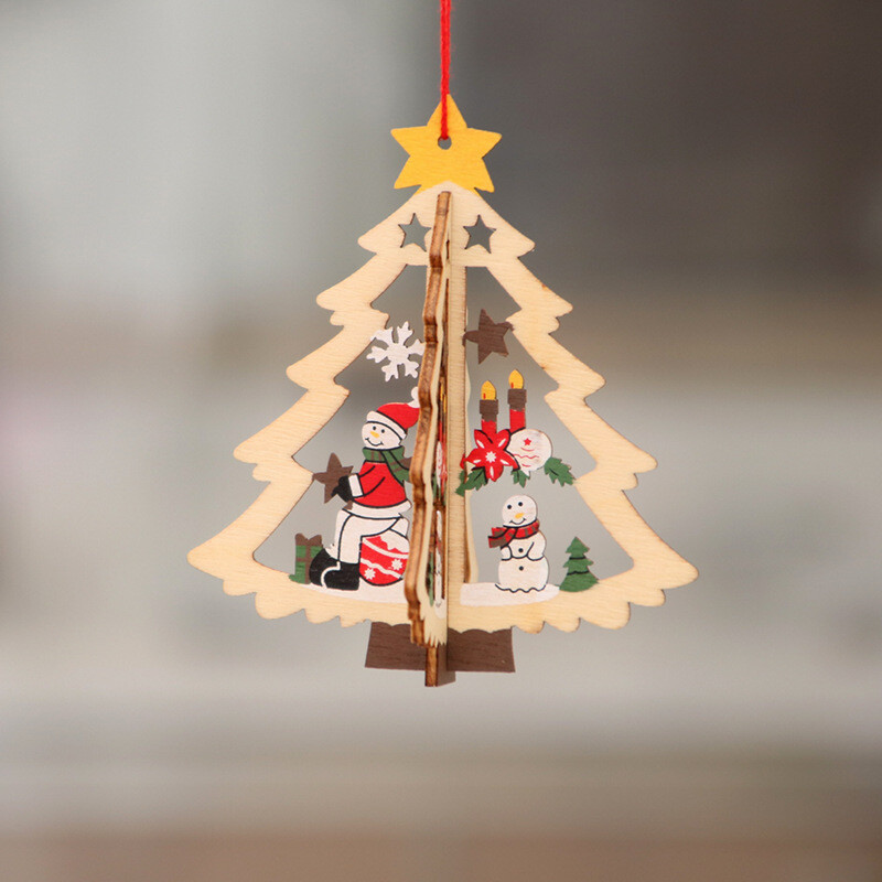 Xmas Tree - Gift Box Present - White Snowflake -Xmas Wooden Hanging Decorations - Set Of 4