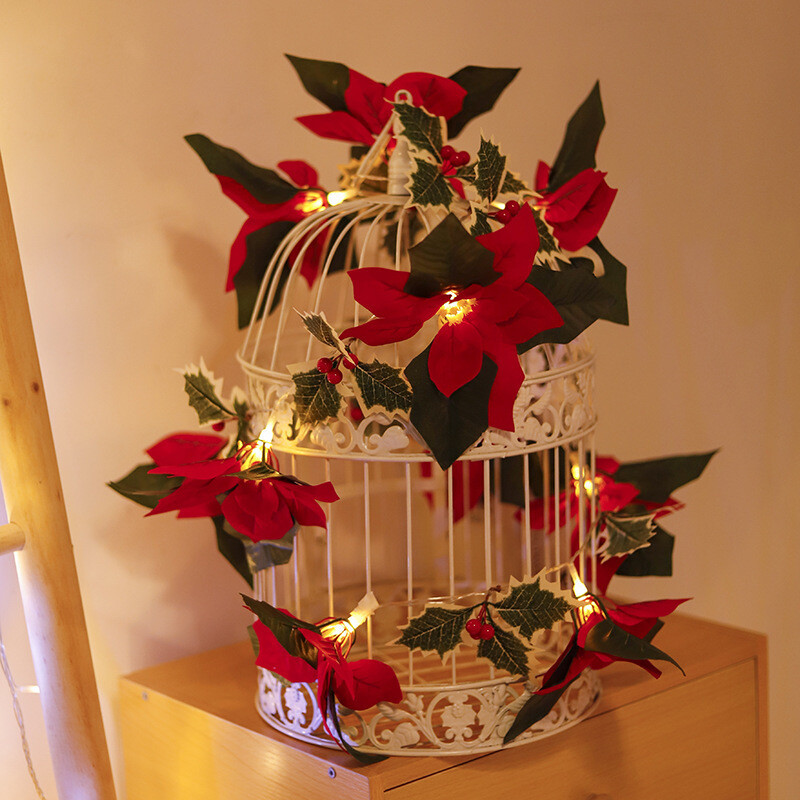 Red Xmas Flowers -10 LED Light String - Battery Powered - 2 metres