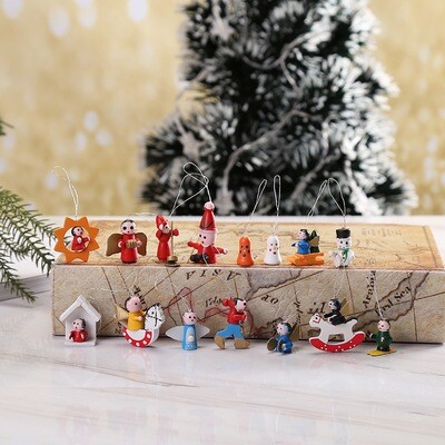 Xmas Tree Tiny Toy Decorations - Set Of 48 Wooden Toys 