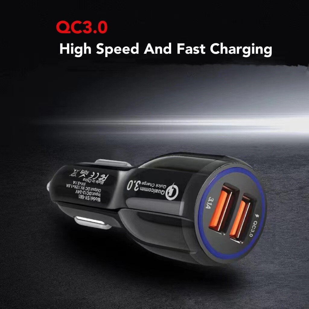 Car Phone Charger - Quick Charge - Qualcomm 12/24V - Dual USB Ports