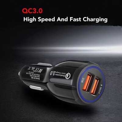 Car Phone Charger - Quick Charge - Qualcomm 12/24V - Dual USB Ports