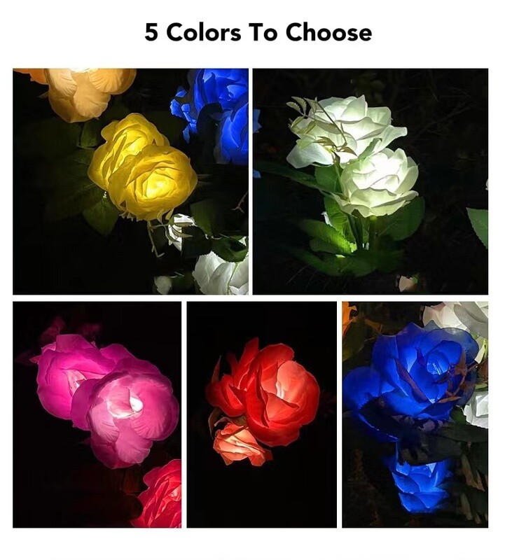 Roses - Solar Powered Long Stems - 3 Beautiful Flower Heads - Suits Both Indoors And Out - 5 Colours