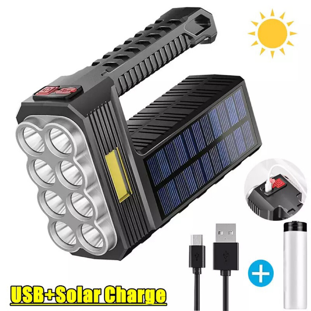 Solar Flashlight - Rechargeable Built In Battery - 8 LED + COB Sidelight