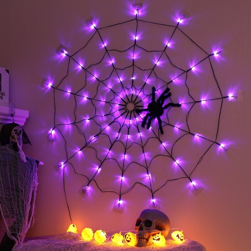 Scary Spider &amp; LED Web - Halloween Decoration - 3 LED Colours + Remote