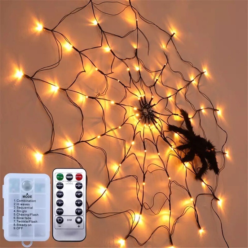 Scary Spider &amp; LED Web - Halloween Decoration - 3 LED Colours + Remote