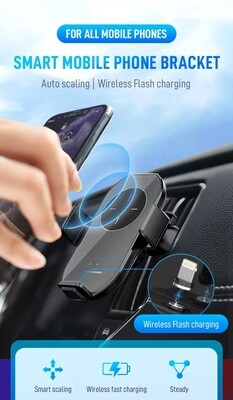 Wireless 15W Car Phone Holder - A7 -Motorised Smart Sensor - With Adaptors To Charge Non-Wireless Phones
