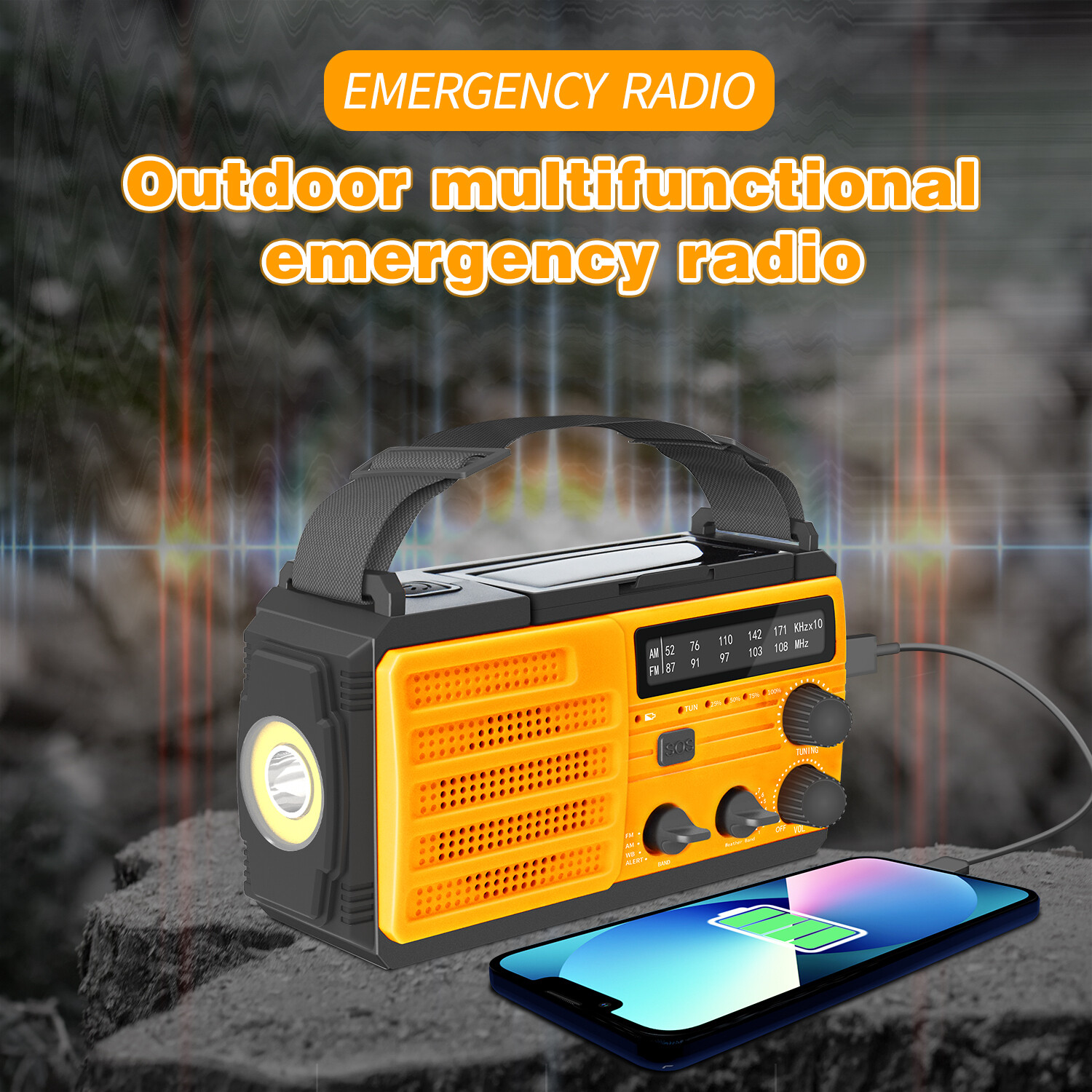 AM/FM Radio - Multi Purpose Emergency Backup Powerbank - Flashlight - Solar Panel - Crank Handle - Reading Light - Personal Alarm