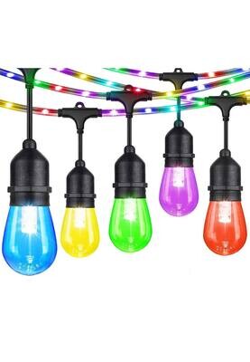 Festoon Lights - RGB Multi-Coloured - 14.6m With Unique Fairy LED Rope  - Connectable - 15 Bulbs - Remote Control