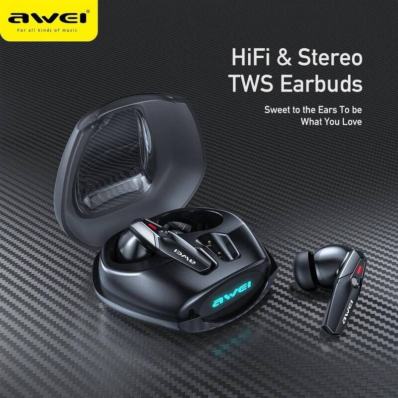 EQ Sports Earbuds - Breathing Light Charging Case - Black - Awei T25