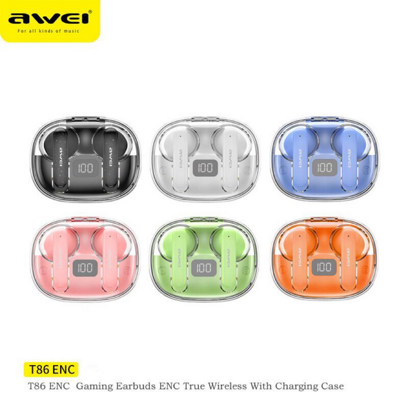 ENC Earbuds Colour Range - Comfortable Fit Tips - Rechargeable Case - Awei T86 ENC
