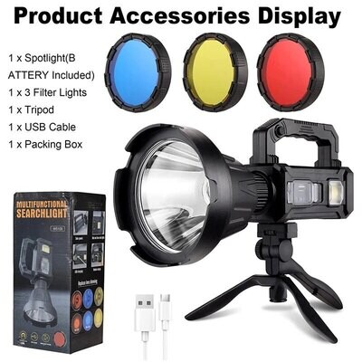 Hunting/Fishing Spotlight With 3 x Coloured Lens - Solar Panel - Rechargeable - Tripod Stand