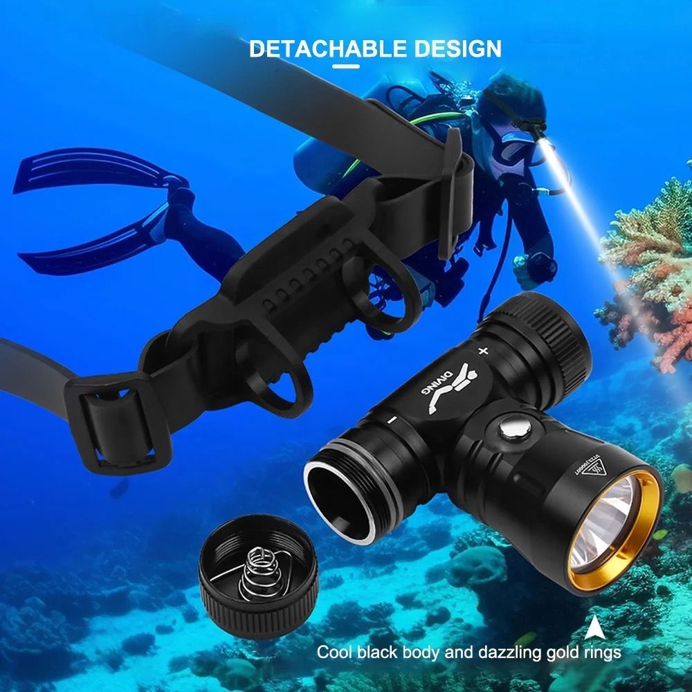 Underwater Head Torch - 30m Waterproof - Adjustable Head Mount - Rechargeable