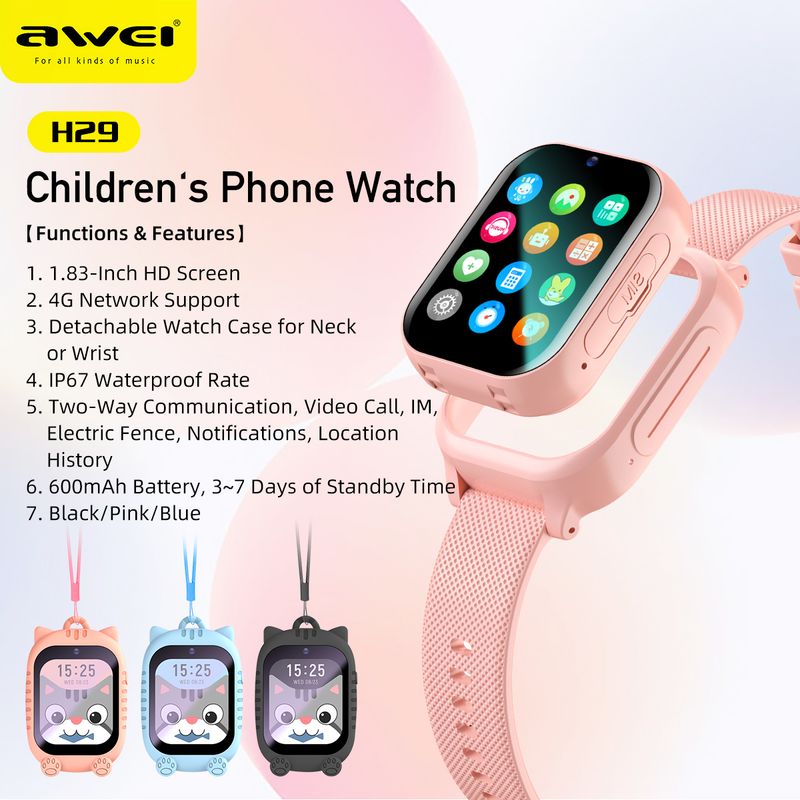 Children Watch/Phone - Adult Supervisors App - GPS Locator - SIM Card -Make Calls - Voice Chat - Set Safety Protocols - Awei H27