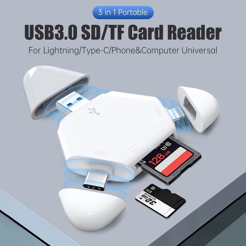 3 In 1 Portable Card Reader For iPhone, Android &amp; PC - Transfer Photos, Videos, &amp; Files Directly - Make Backup Copies On SD/TF Card