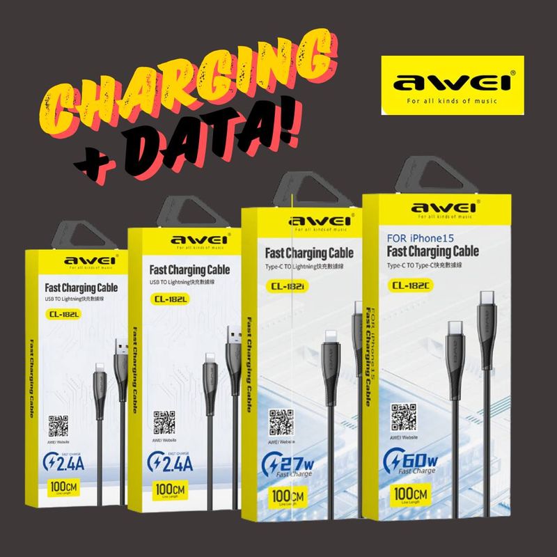 Charging + Data Transfer Cables - Suit Phones/Tablets/Devices - 4 Options - Awei