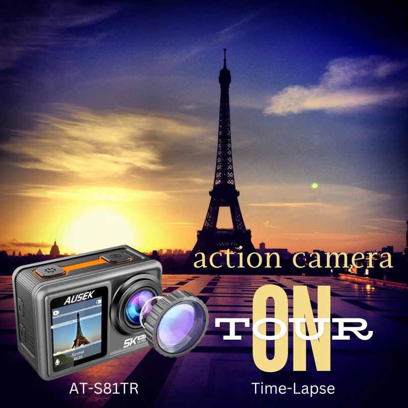 Action Camera - 5K 30fps Dual Screen - Wifi &amp; Remote - 48 MP Camera - Ausek ATS81TR