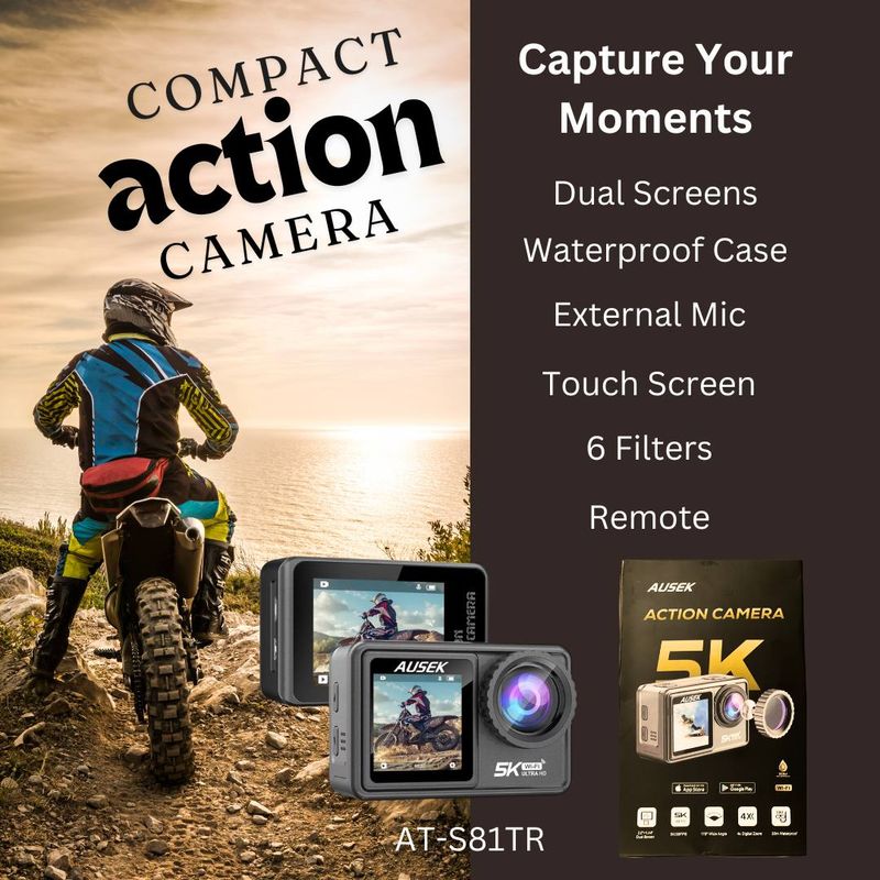 Action Camera - 5K 30fps Dual Screen - Wifi & Remote - 48 MP Camera - Ausek ATS81TR Action Camera - 5K 30fps Dual Screen - Wifi & Remote - 48 MP Camera - Ausek ATS81TR