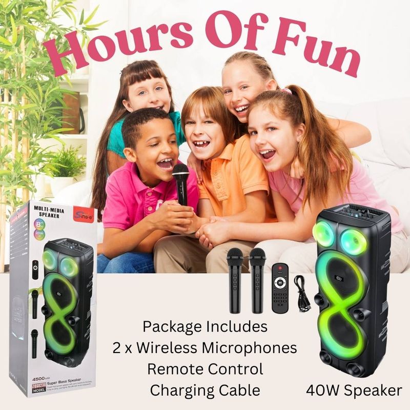 Karaoke Bluetooth Speaker - 2 Microphones - Sound EQ - Special Effects - RGB Lights