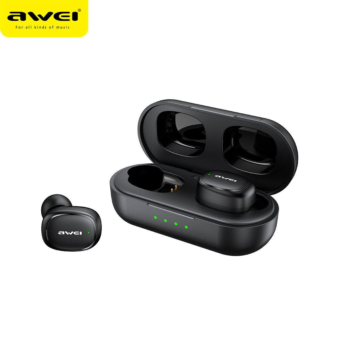 Sports Earbuds With Charging Case - Lightweight Secure Fit - Waterproof - Awei T13Pro, Choose Your Colour: Black