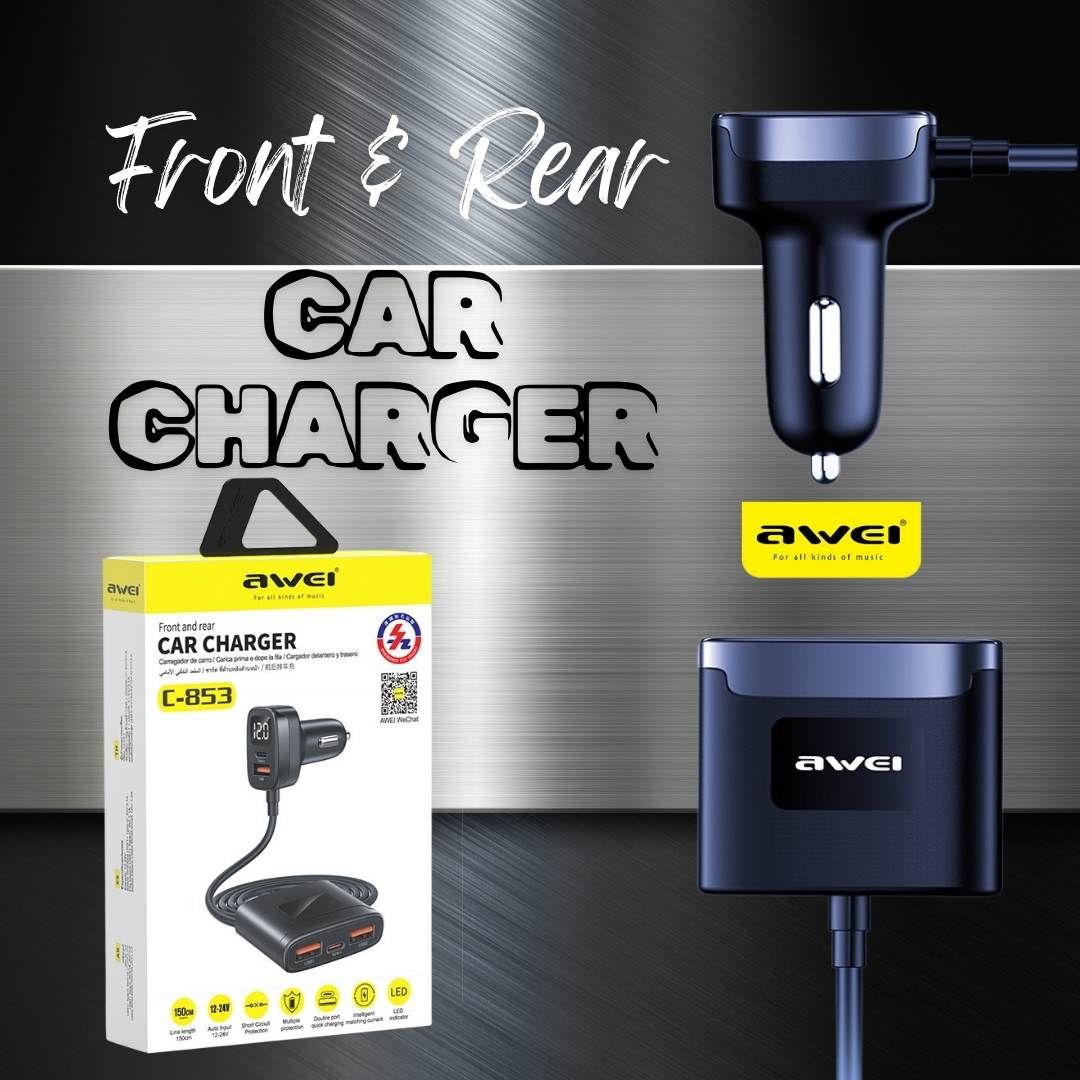 Car Charger Front + Rear - 12/24V - Fast Charge 5V/3.1A - Charge 5 Devices