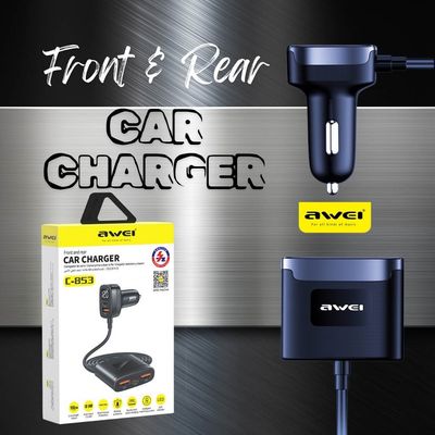 Car Charger Front + Rear - 12/24V - Fast Charge 5V/3.1A - Charge 5 Devices