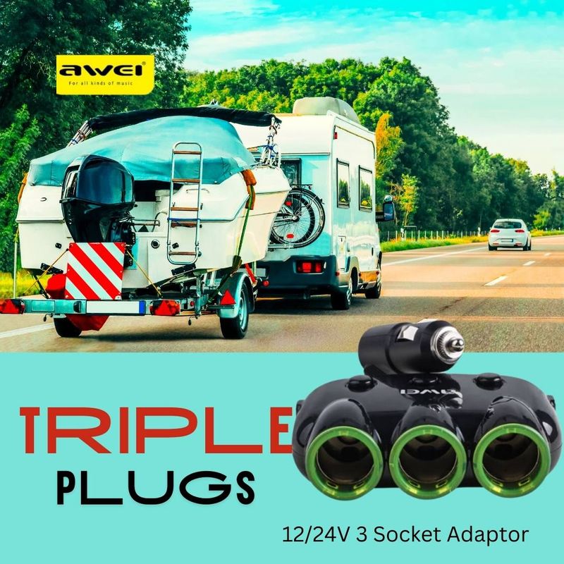Triple Socket Adaptor - 12/24V Cigarette Plug - 2 x USB Ports - Awei C-35