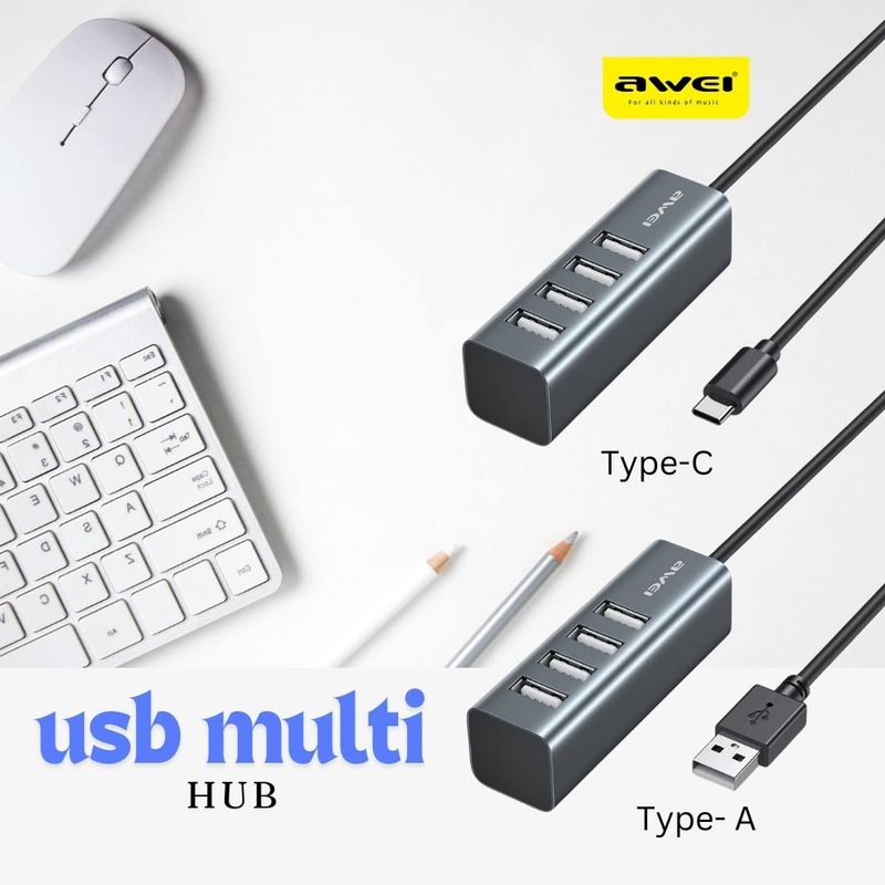 USB Multi Hub - 4 Ports - Type C or Type A Connector - Charge + Data Transfer