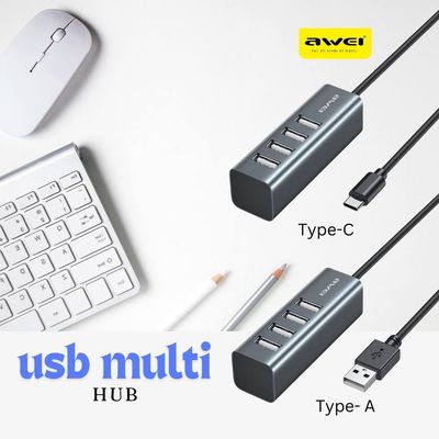 USB Multi Hub - 4 Ports - Type C or Type A Connector - Charge + Data Transfer