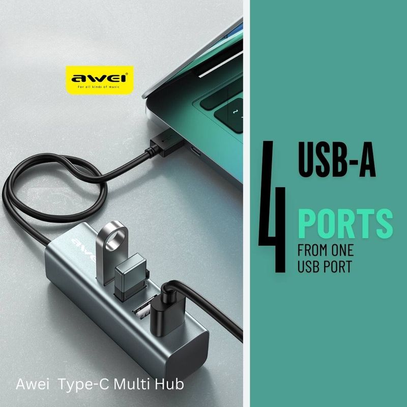 USB Multi Hub - 4 Ports - Type C or Type A Connector - Charge + Data Transfer