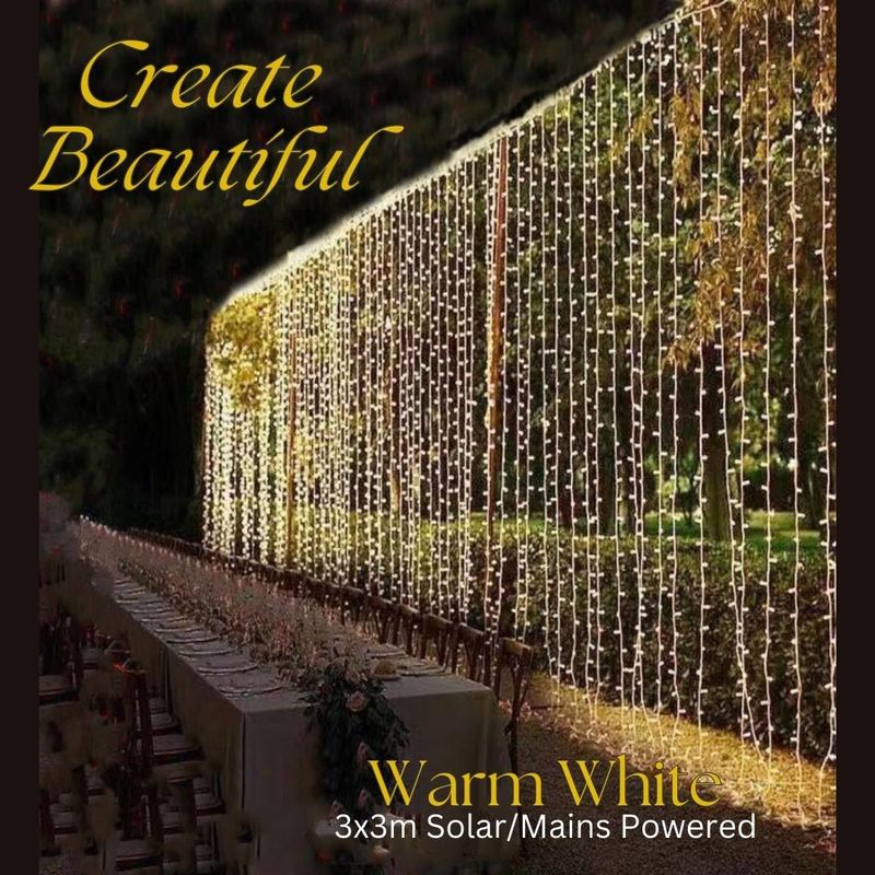Curtain/Backdrop Lights - 3m x 3m - 300 LED - 8 Mode - Solar Or Mains Power - 3 Colours