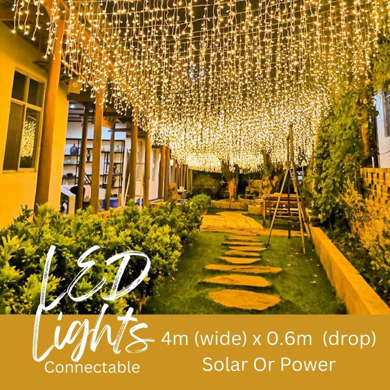 Curtain/Icicle  Lights - 4m x 0.6m - 120LED - 8 Modes - Solar Or Powered - 3 Colours