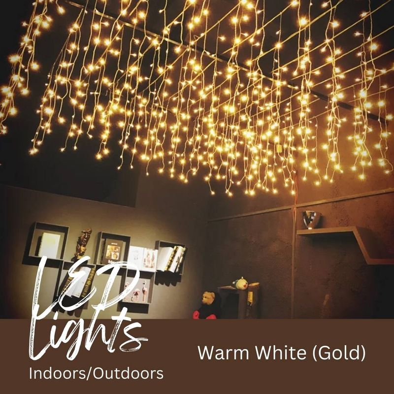 Curtain/Icicle  Lights - 4m x 0.6m - 120LED - 8 Modes - Solar Or Powered - 3 Colours