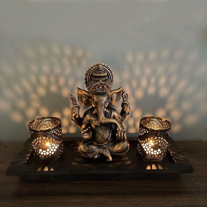 Ganesh Ornament On A Wooden Stand With 2 x Metal Candle Holders