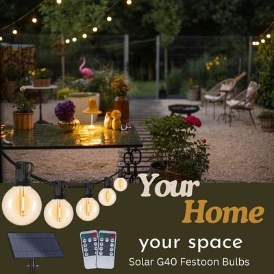 Solar Festoon Lights - Round Bulb - Warm White - 15m Cable - 25 Bulbs - Remote Control