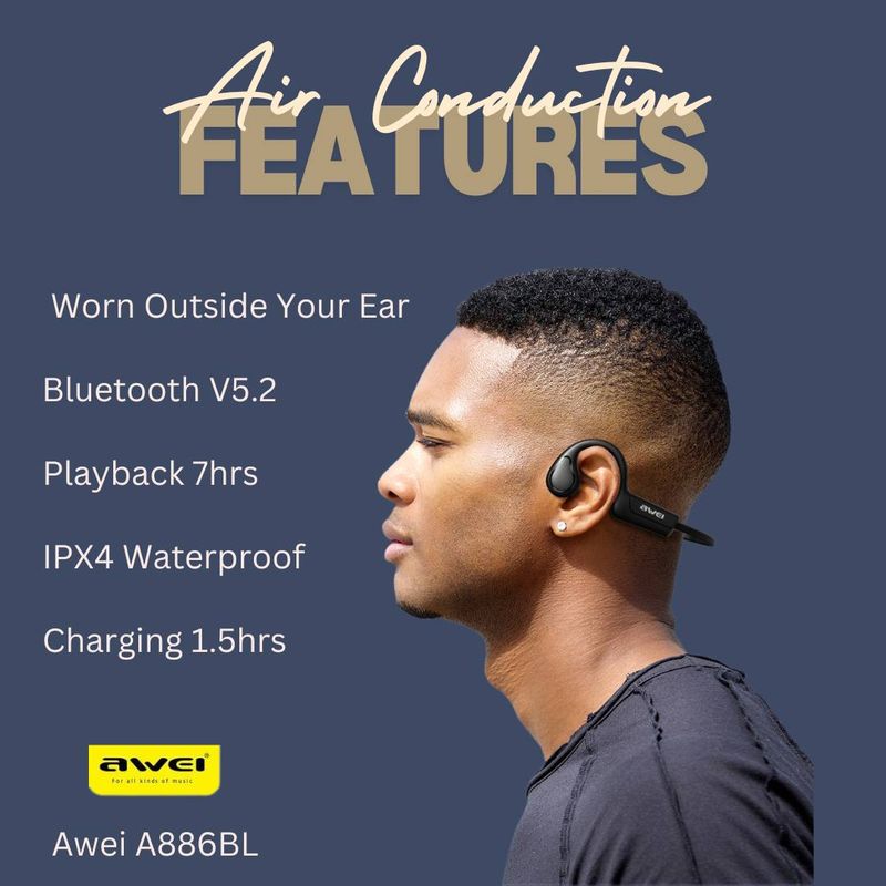 Air Conduction - Open Ear Headphones -  Bluetooth - Hear Your Music &amp; Your Surroundings - Awei A886BL