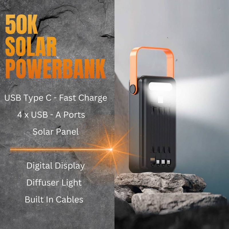 Powerbank 50KmAh - 20W Fast Charging USB Port - Built In Cables - Solar Panel