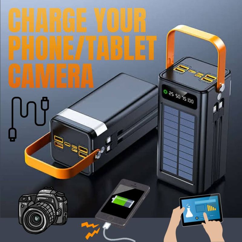 Powerbank 50KmAh - 20W Fast Charging USB Port - Built In Cables - Solar Panel