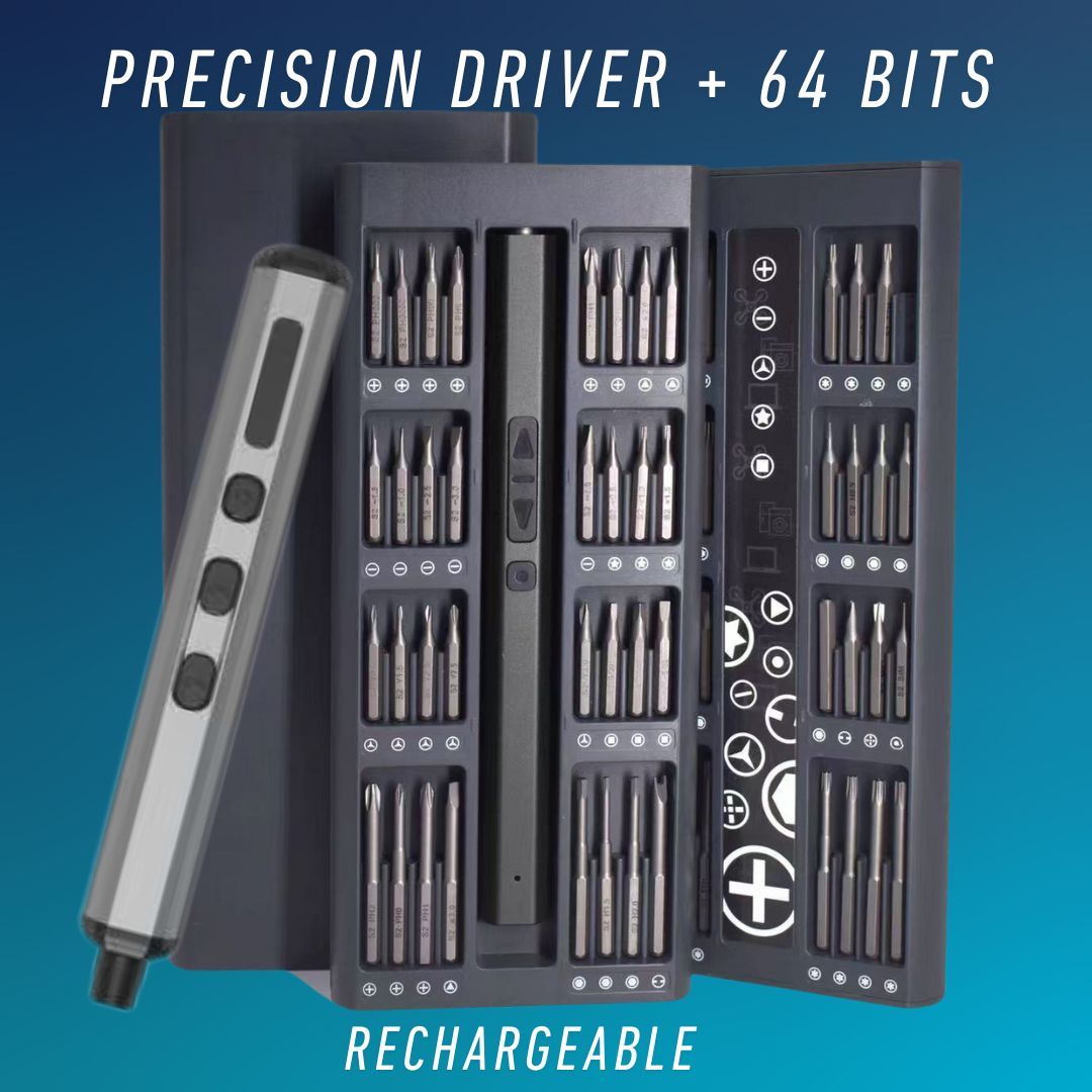 Precision Screwdriver 68 Piece Kit - Rechargeable Driver + 64 Bits | Cartridge Case