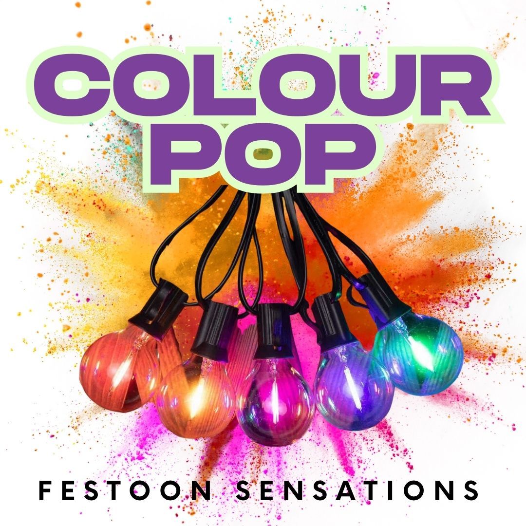 Festoon Colour Sensation - Multi Coloured 15m x 25 G40 Bulbs Festoon String Lights - IP44 Waterproof - Connectable