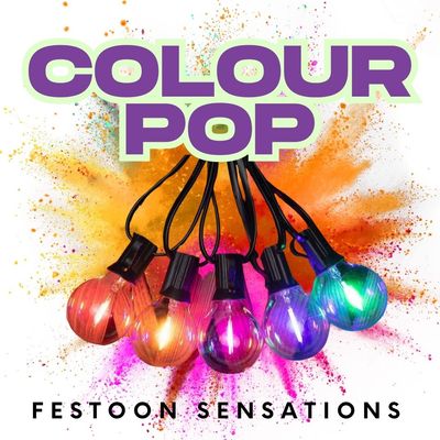 Festoon Colour Sensation - Multi Coloured 15m x 25 G40 Bulbs Festoon String Lights - IP44 Waterproof - Connectable