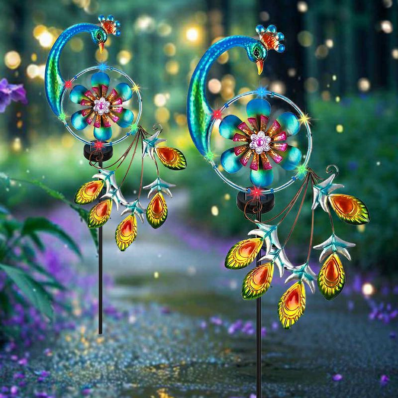 Peacock Garden Ornament - Solar LED Light -   Metal Art - Wind Mill