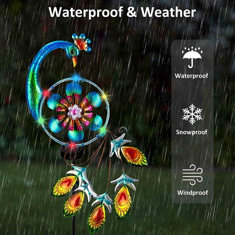 Peacock Garden Ornament - Solar LED Light -   Metal Art - Wind Mill