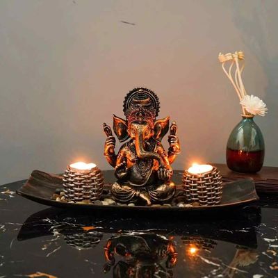 Ganesh Ornament On A Wooden Stand With 2 x Ornamental Candle Holders