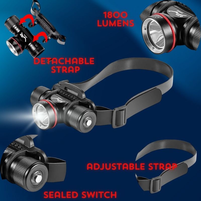 Divers Head Torch - 60m Waterproof - Adjustable Head-Mount - Rechargeable - Slim Design