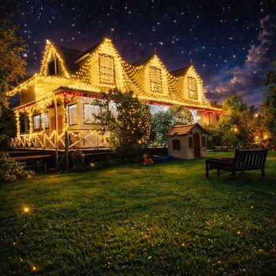 House decorated with warm outdoor fairy lights at night, glowing under a starry sky with garden lawn and trees
