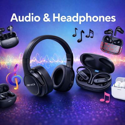 Audio and headphones category banner featuring over-ear headphones and multiple wireless earbuds with colourful sound wave ba