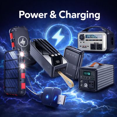 Power and charging category banner featuring power banks, solar charger and portable power stations with electric energy back
